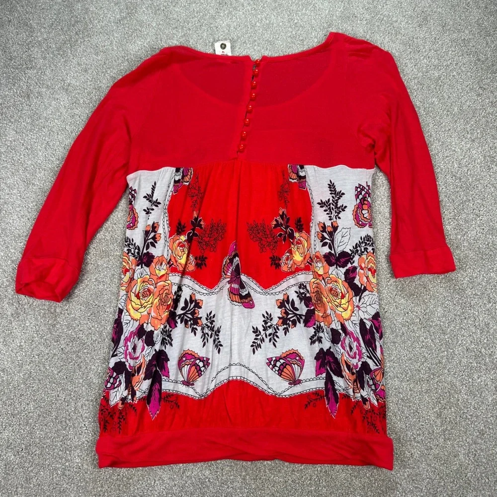 Free People Tunic Top Red Floral Butterfly 3/4 Sleeve‎ Bohemian Chic